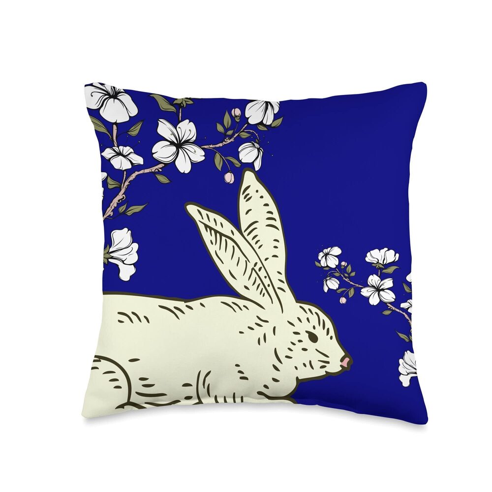 6752 A Cute Rabbit in Flowers Navy Blue Throw Pillow